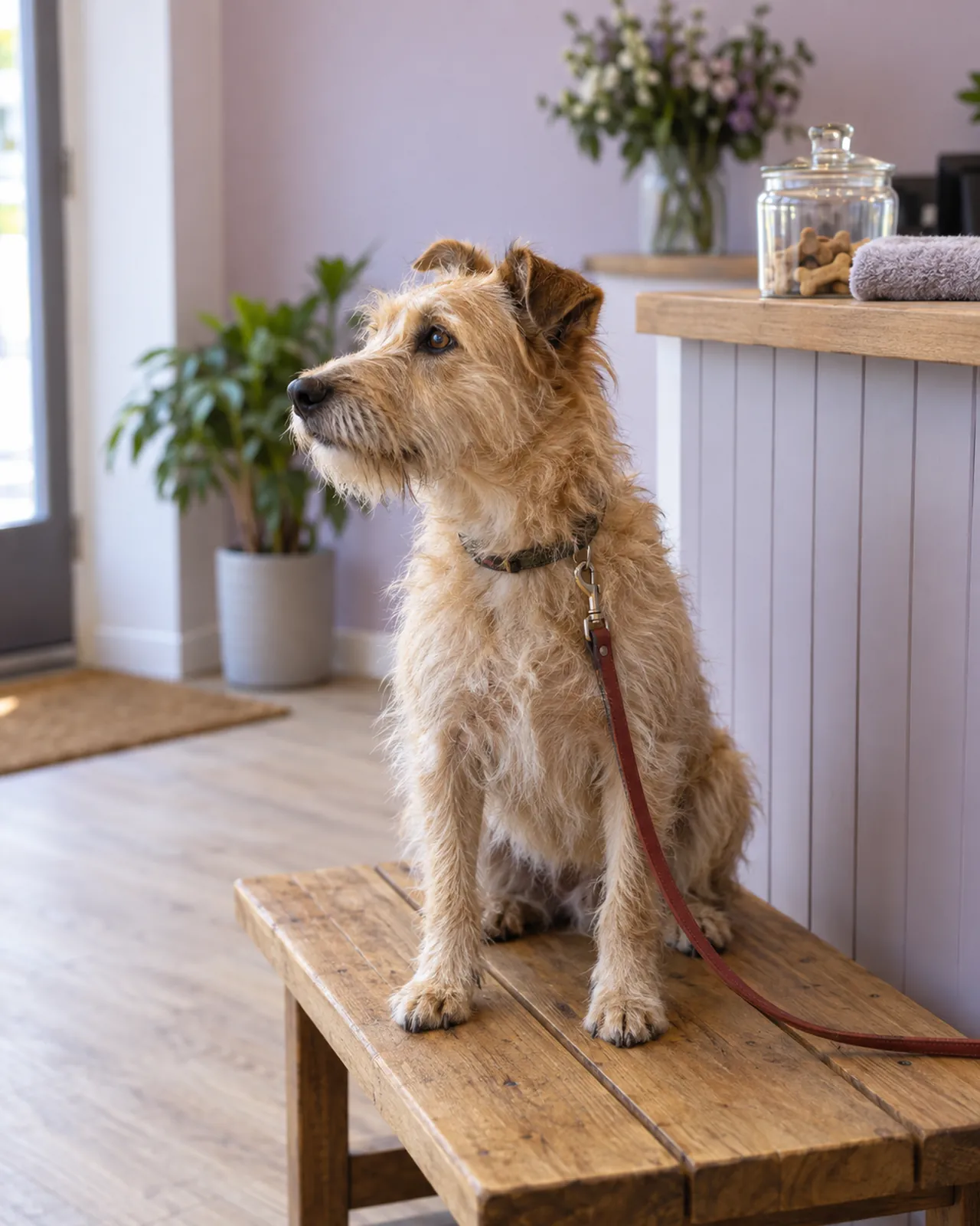 A dog on its lead sitting on the salon bench by the counter, watching the door