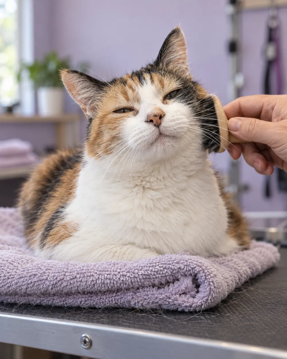 Calico cat with eyes half closed being brushed