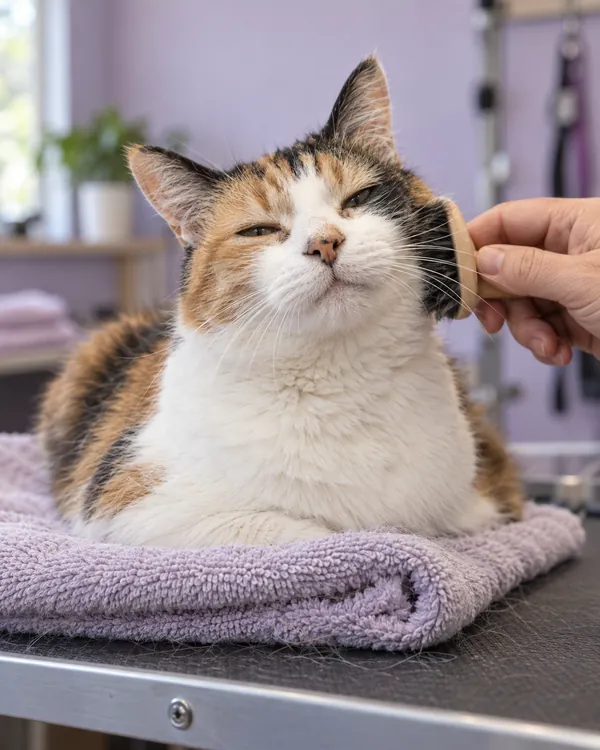 Pepper, a calico cat, being brushed and loving it