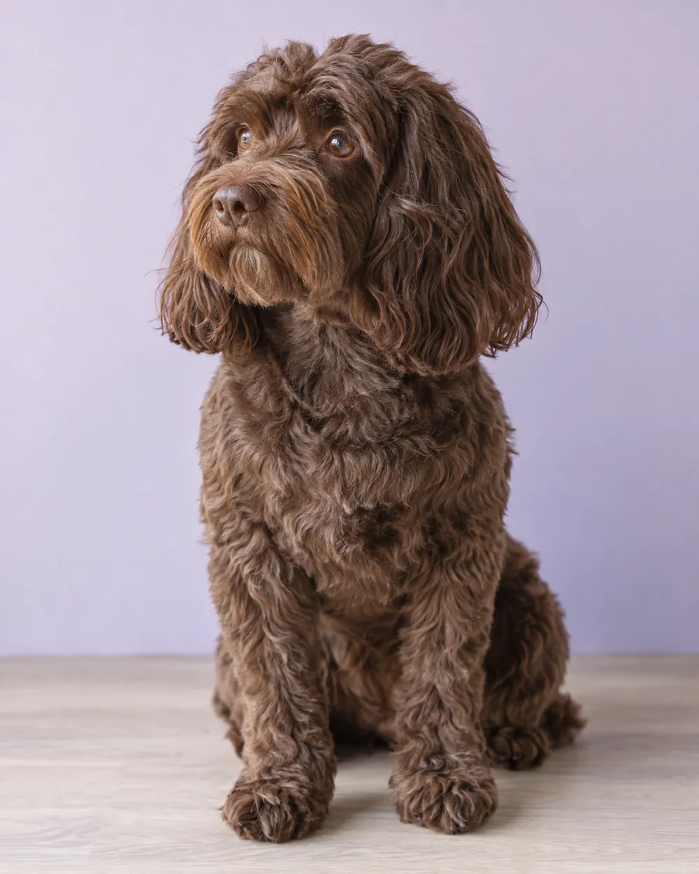 Brown cavapoo sitting against a lilac wall