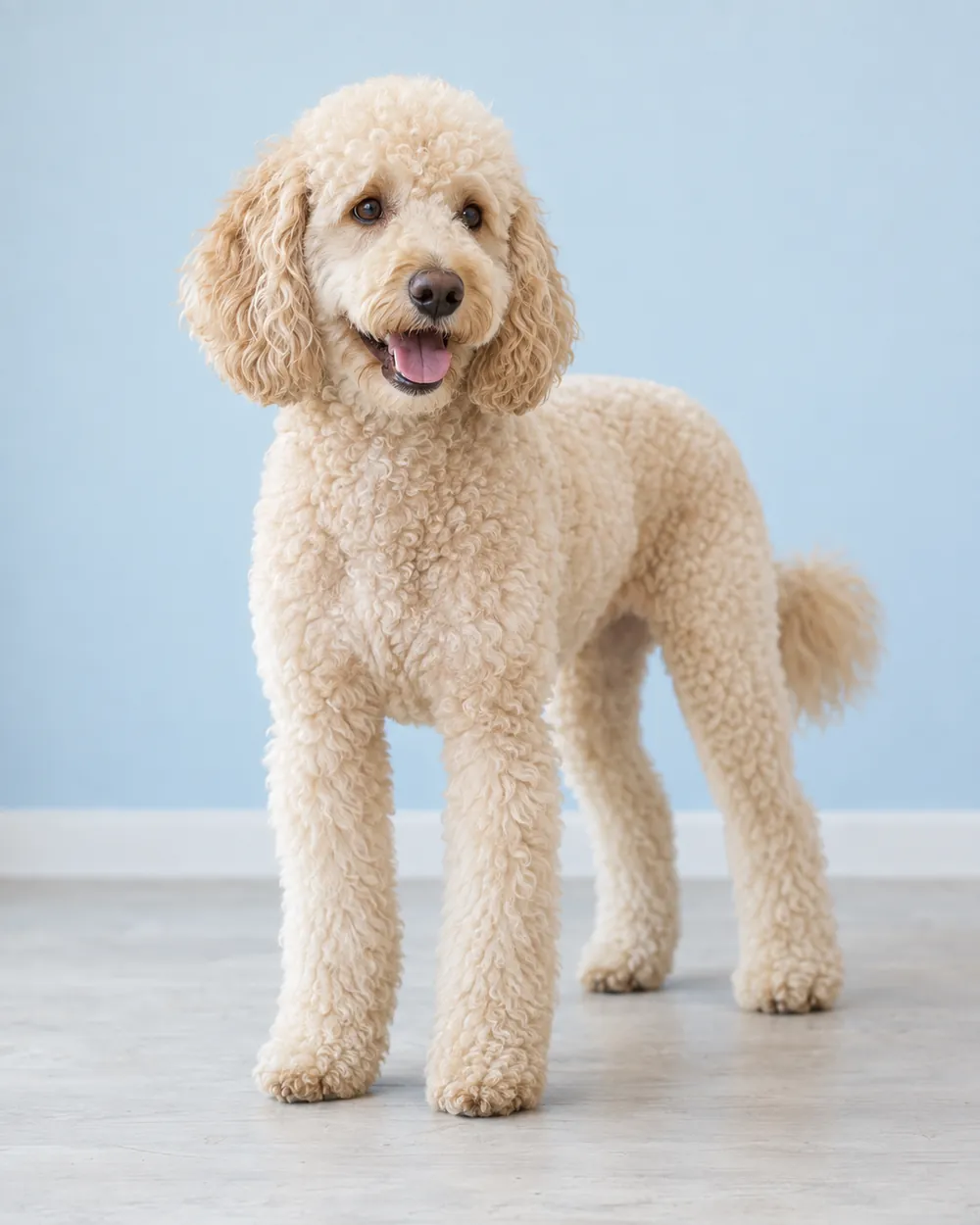 Cream poodle mix in a lamb trim standing against a pale blue wall