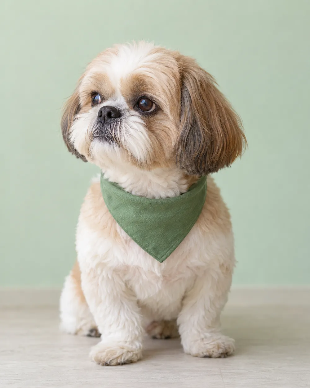 Shih tzu with a short puppy cut wearing a green bandana against a green backdrop