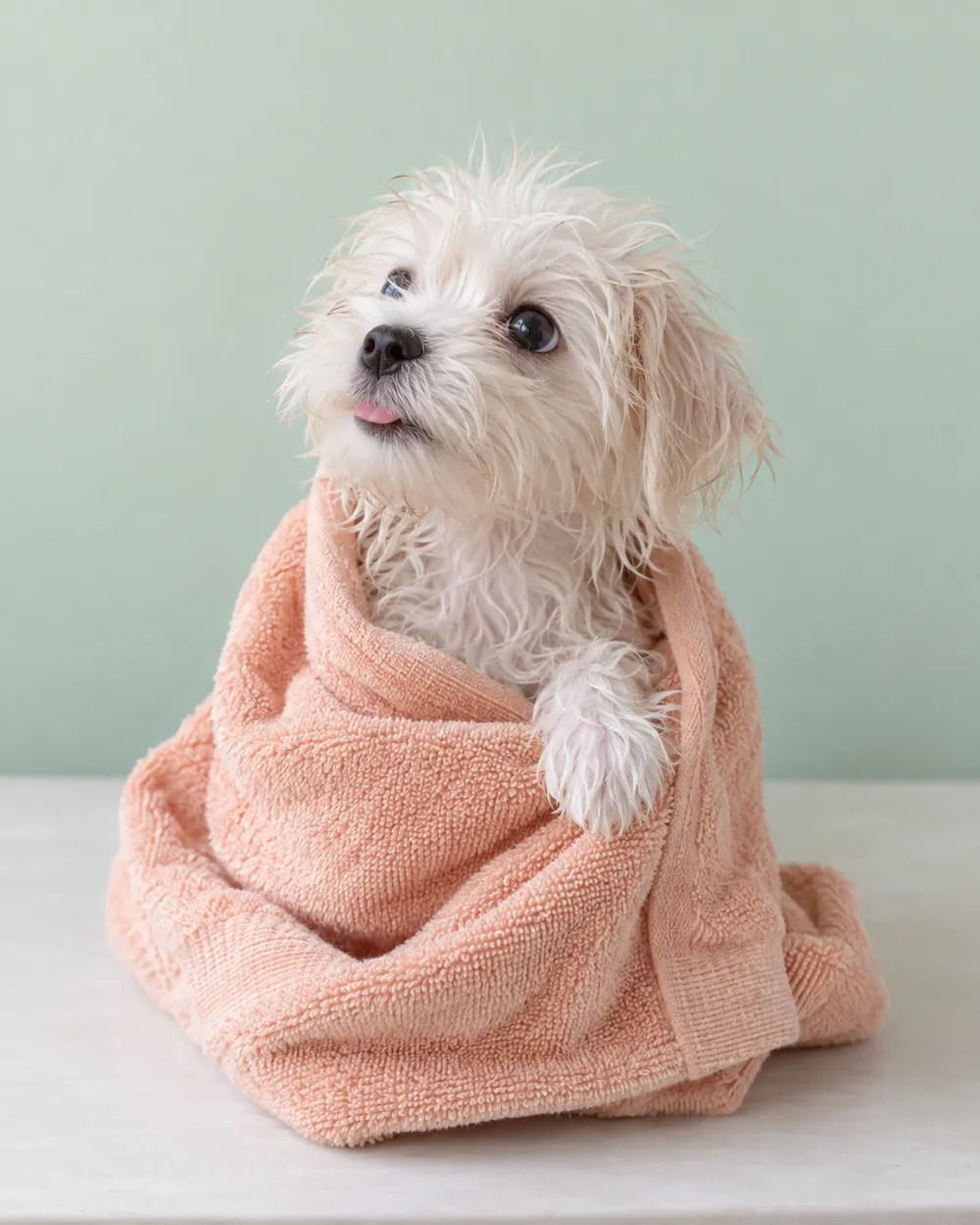 Maltese puppy wrapped in a peach towel after a bath