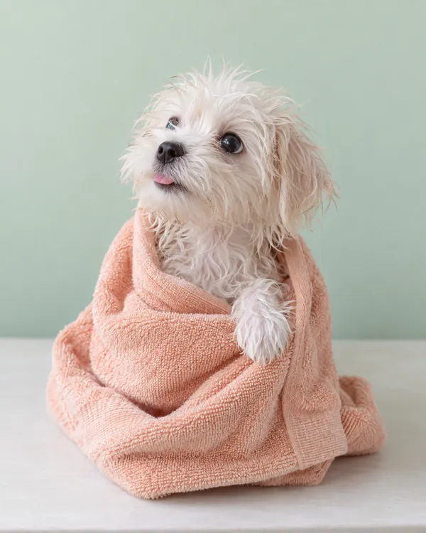Biscuit, a maltese puppy, wrapped in a towel after a bath