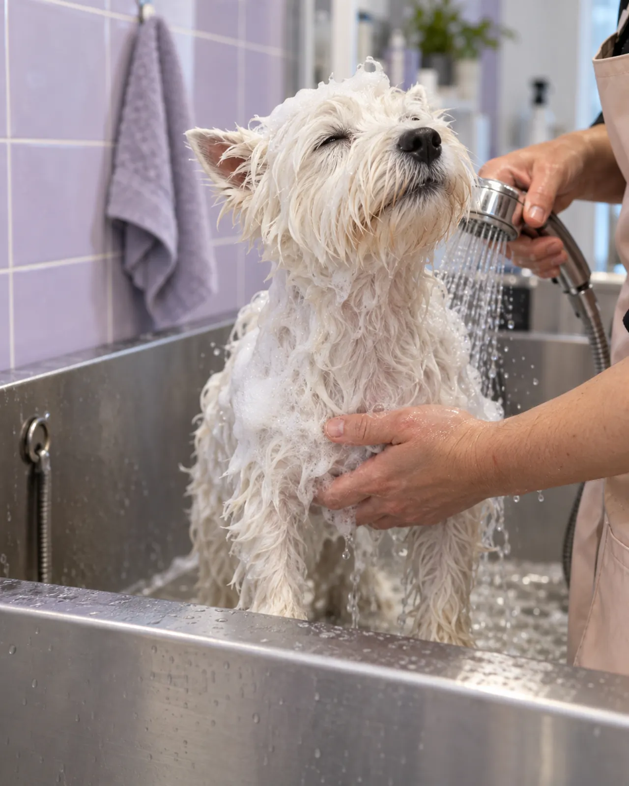 A small wet dog in a steel tub, covered in lather, being rinsed