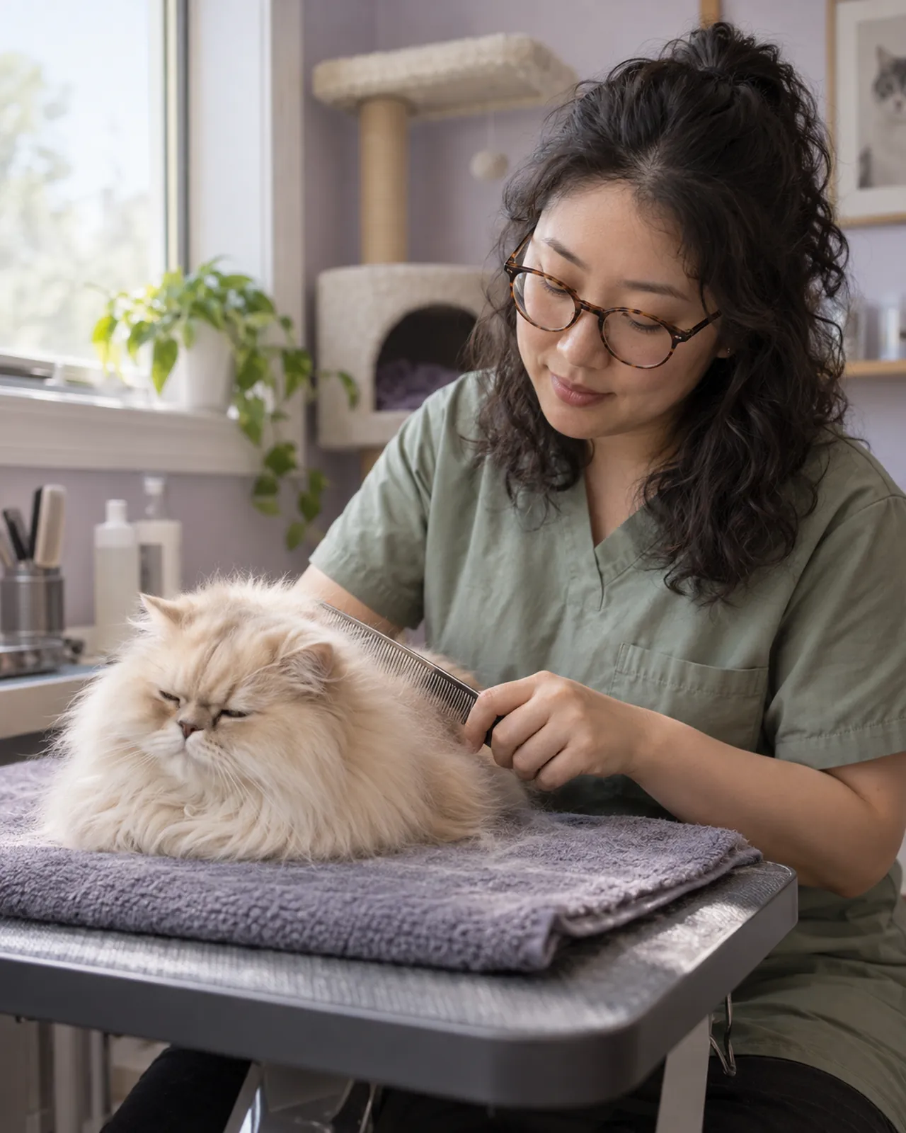 June combing a calm long-haired cat in the quiet cat room