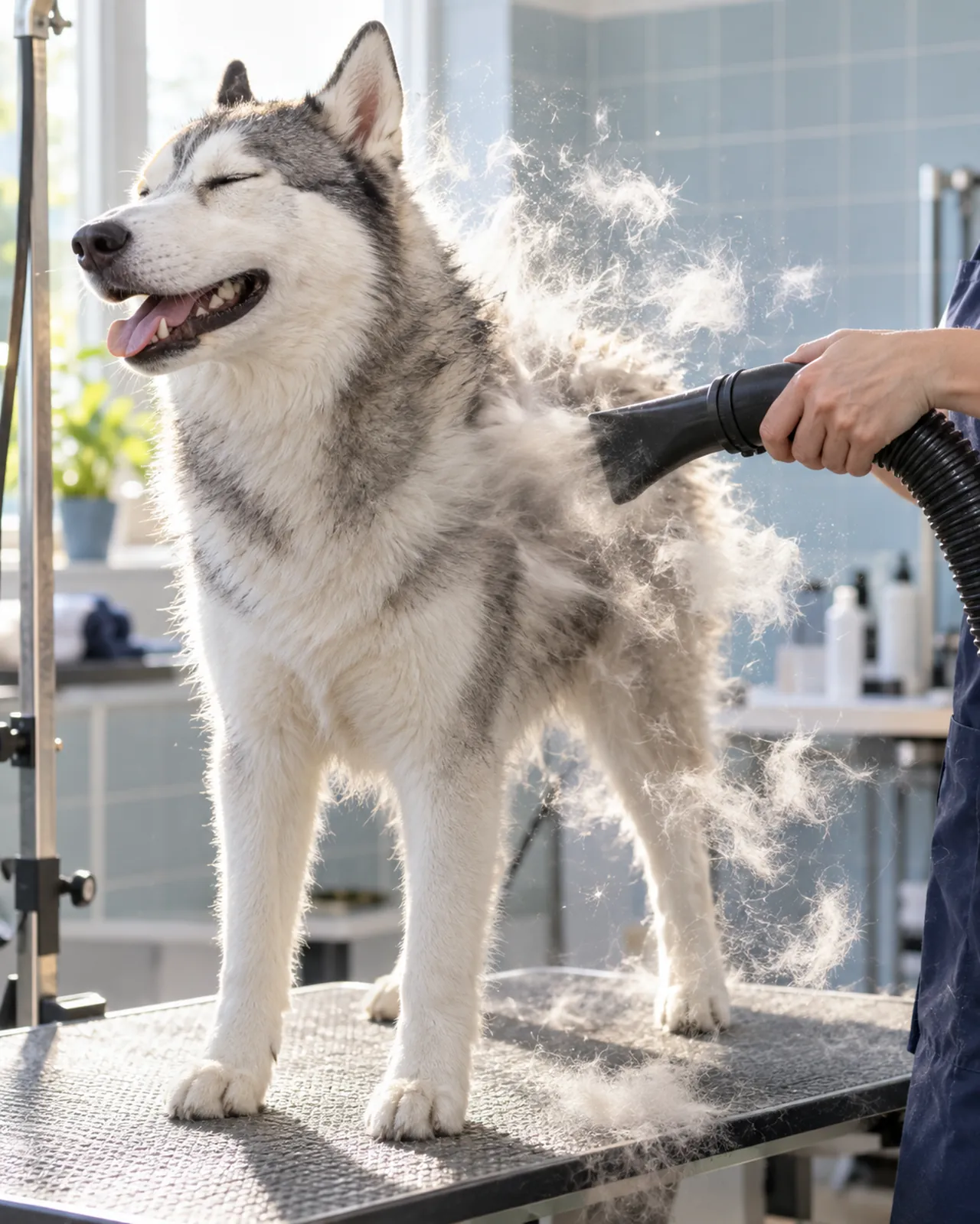 A grey and white husky being blown out with a velocity dryer, undercoat lifting off