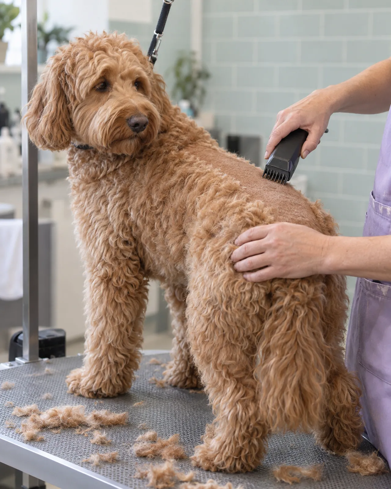 A groomer running clippers along the back of a doodle on the grooming table