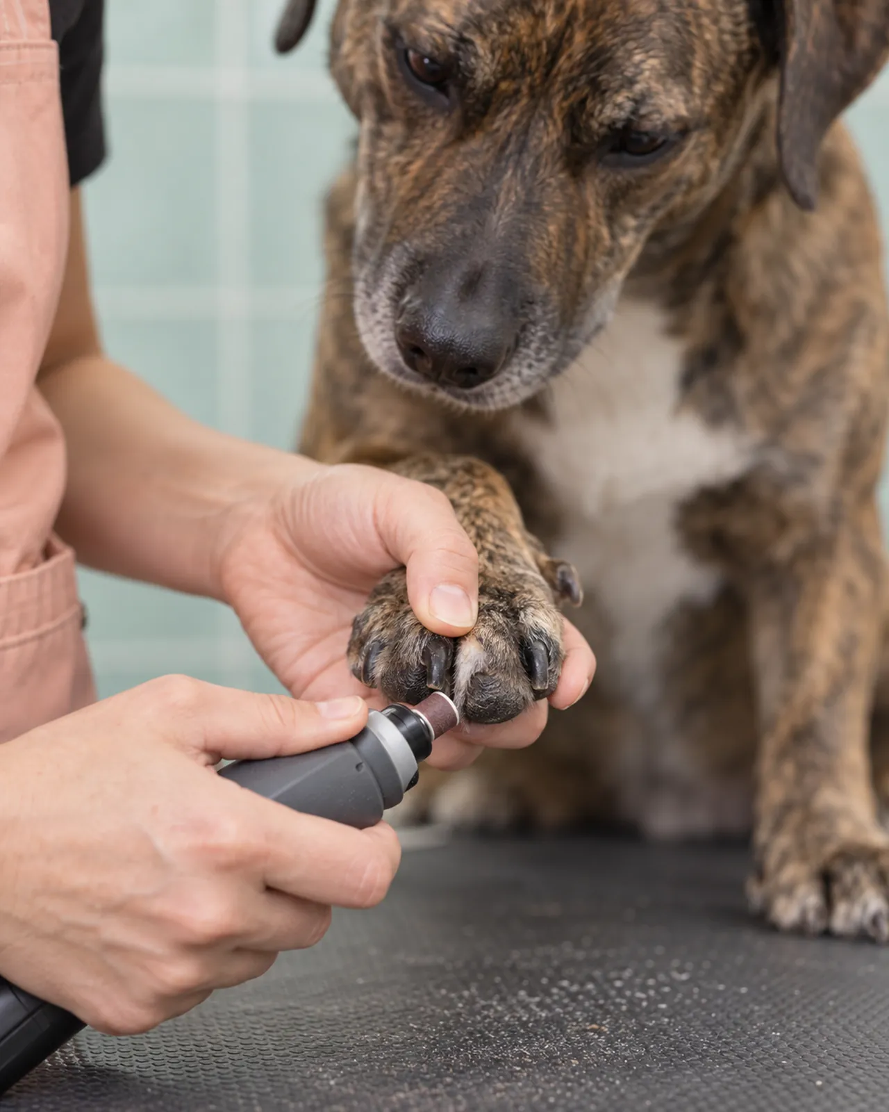Close-up of a groomer grinding the nails on a medium-sized dog’s paw