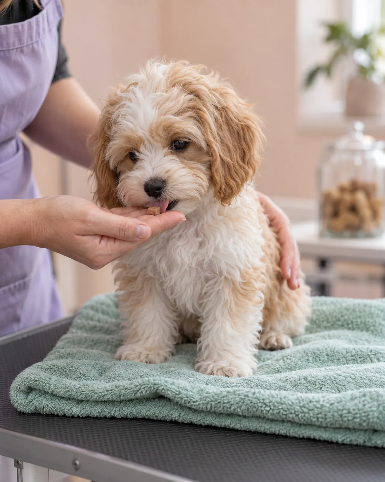 A puppy on the grooming table taking a treat from a groomer’s hand