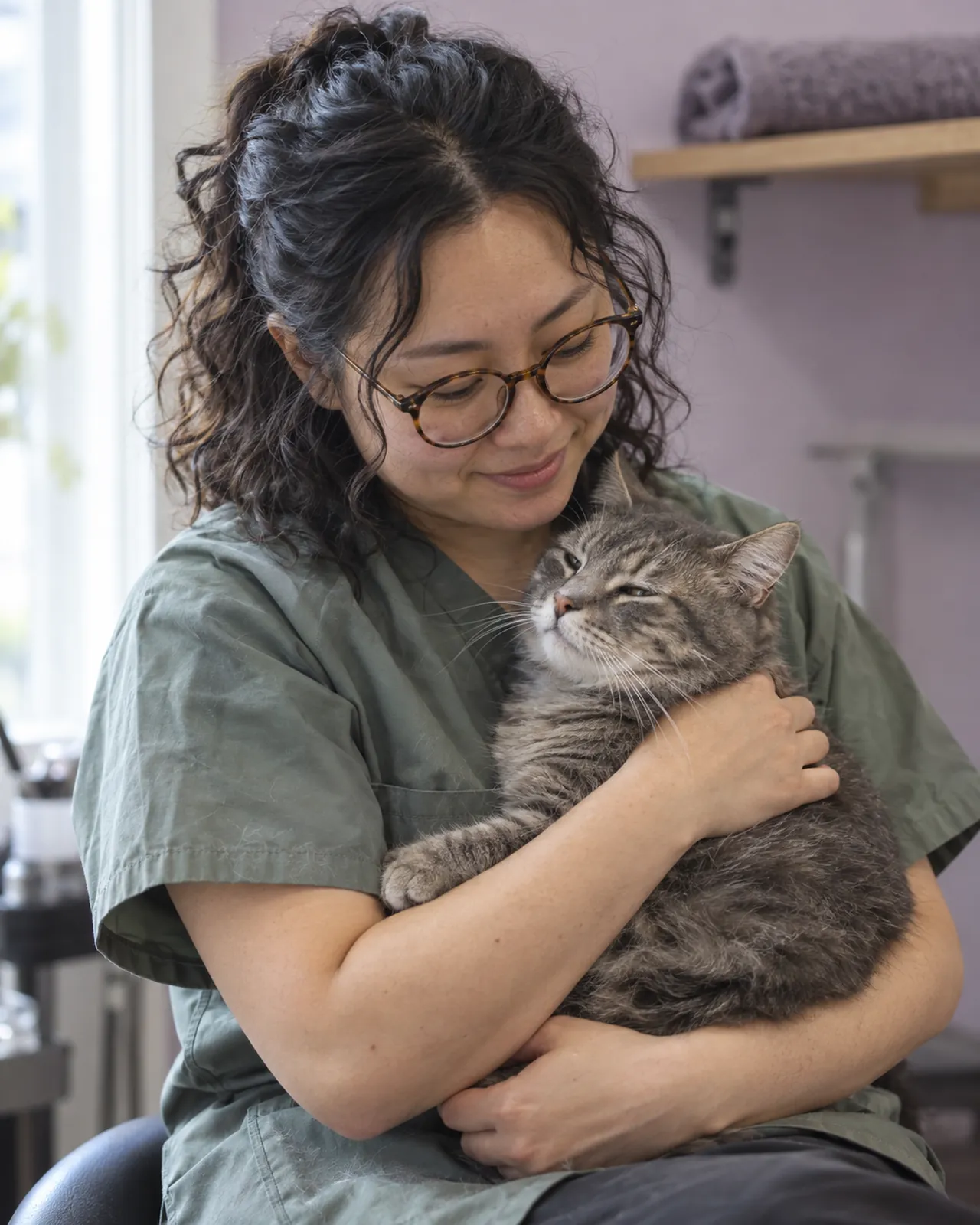 June, a groomer, holding a grey tabby cat