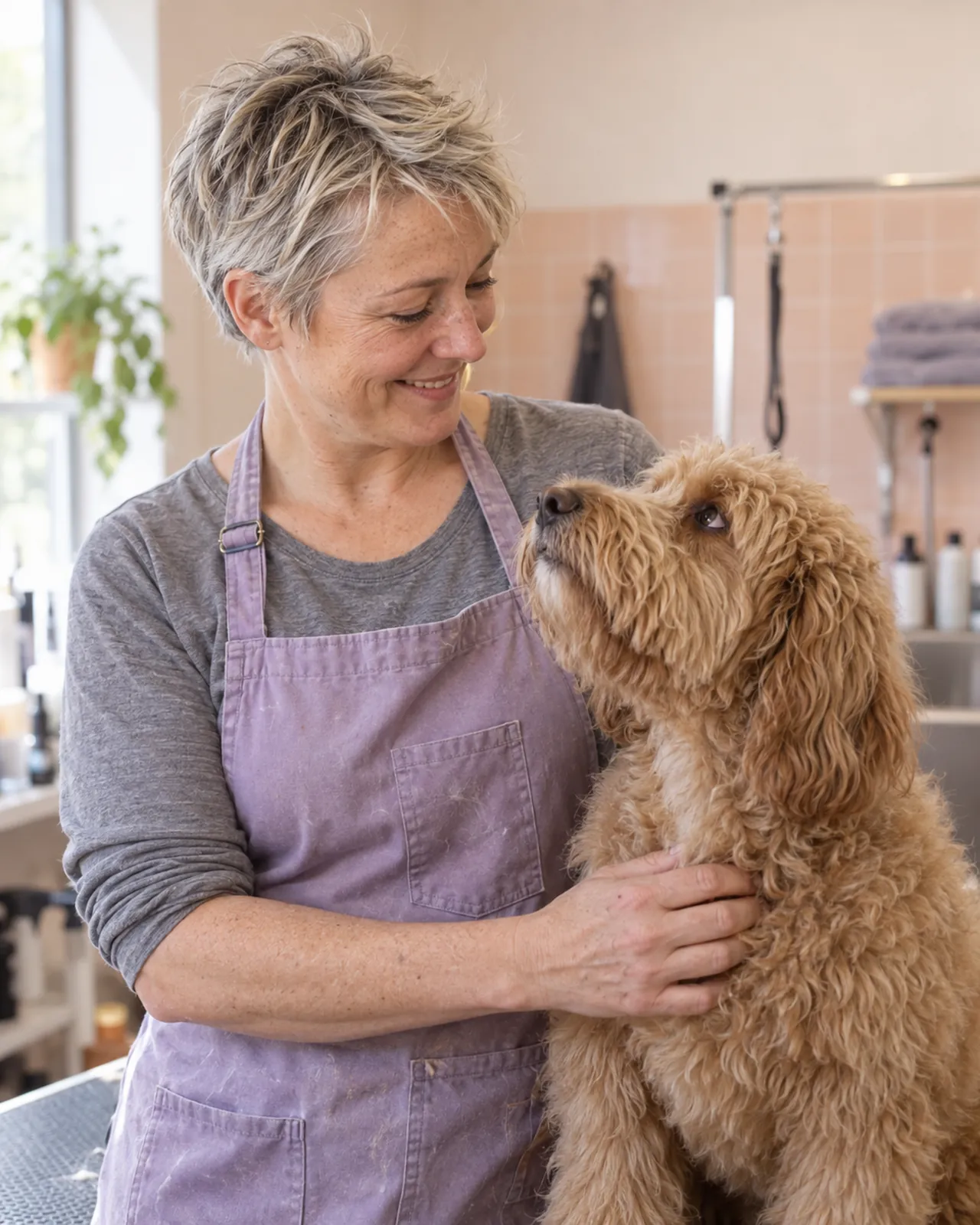 Nell, Tubwell’s owner, with a curly apricot doodle in the salon