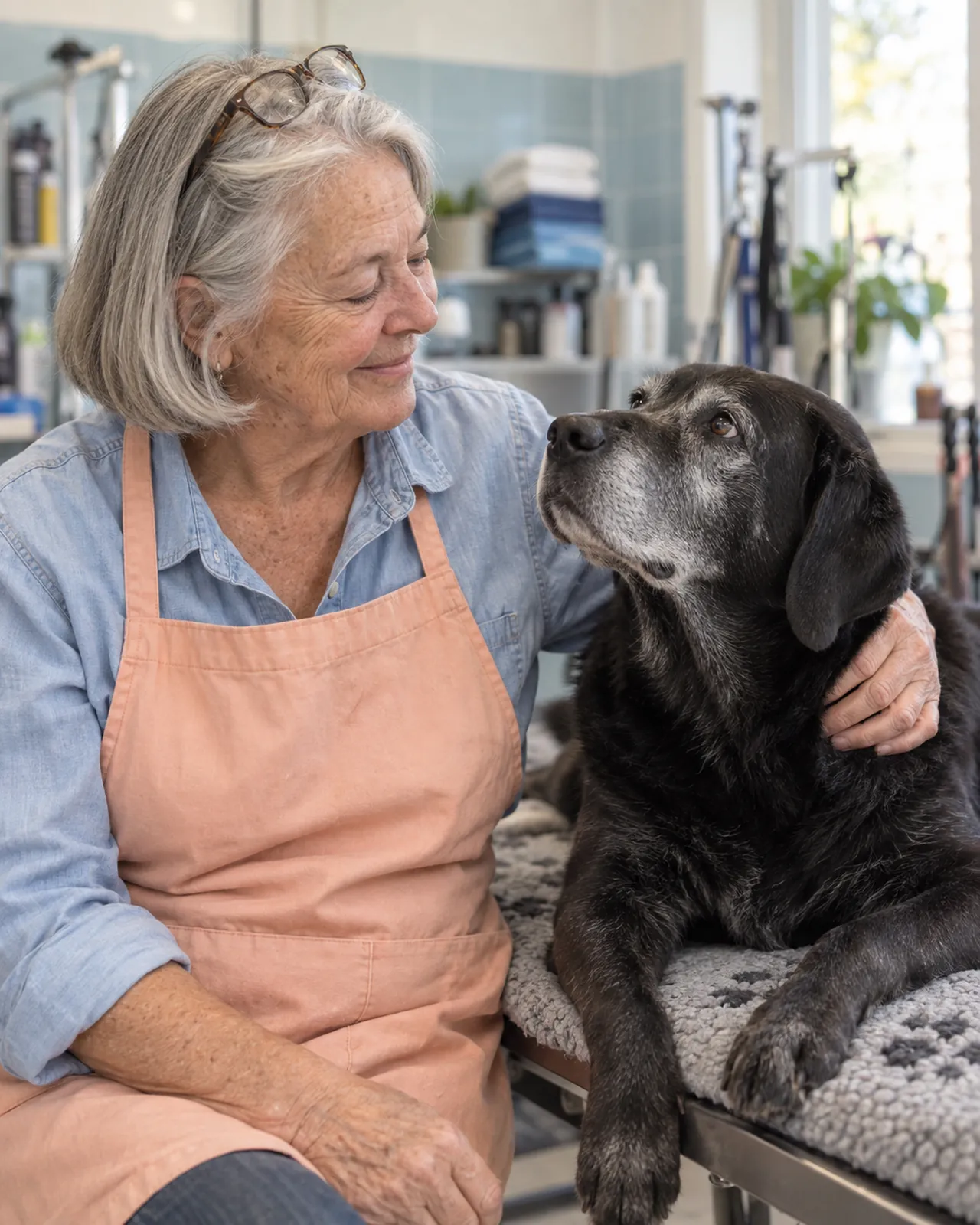 Ruth, a senior-dog specialist, with her arm around a senior black lab