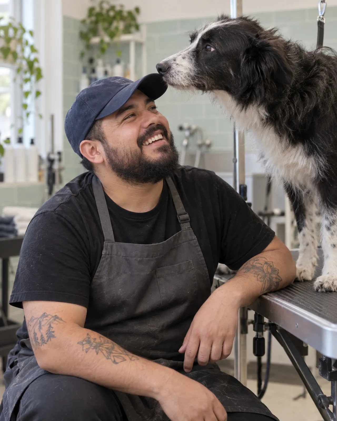 Tomás, a groomer, laughing up at a border collie on the grooming table