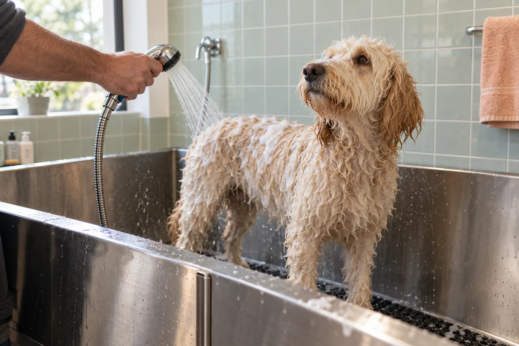 A wet cream doodle standing in a waist-high stainless steel wash tub